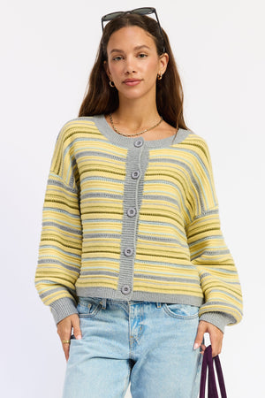Emory Park Ellie cardigan in lemongrey multicolor, soft knit with button closure, styled on a model.