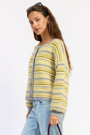 Emory Park Ellie cardigan in lemon grey multi-color, soft knit fabric, long sleeves, and cozy fit, displayed on a hanger.