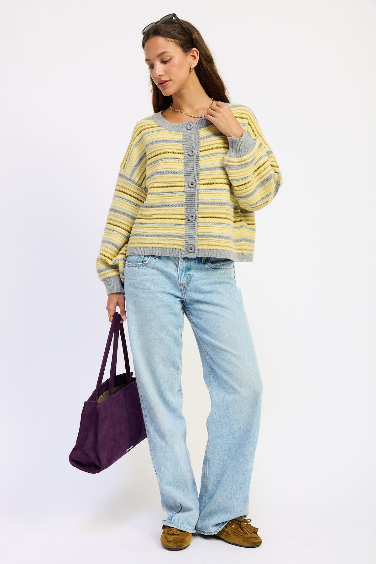 Emory Park Ellie cardigan in lemon gray multi-color, soft knit fabric, featuring a relaxed fit with button closure and long sleeves.