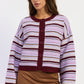 Emory Park Ellie cardigan in purple burgundy multi, soft knit fabric, open front design, and long sleeves.