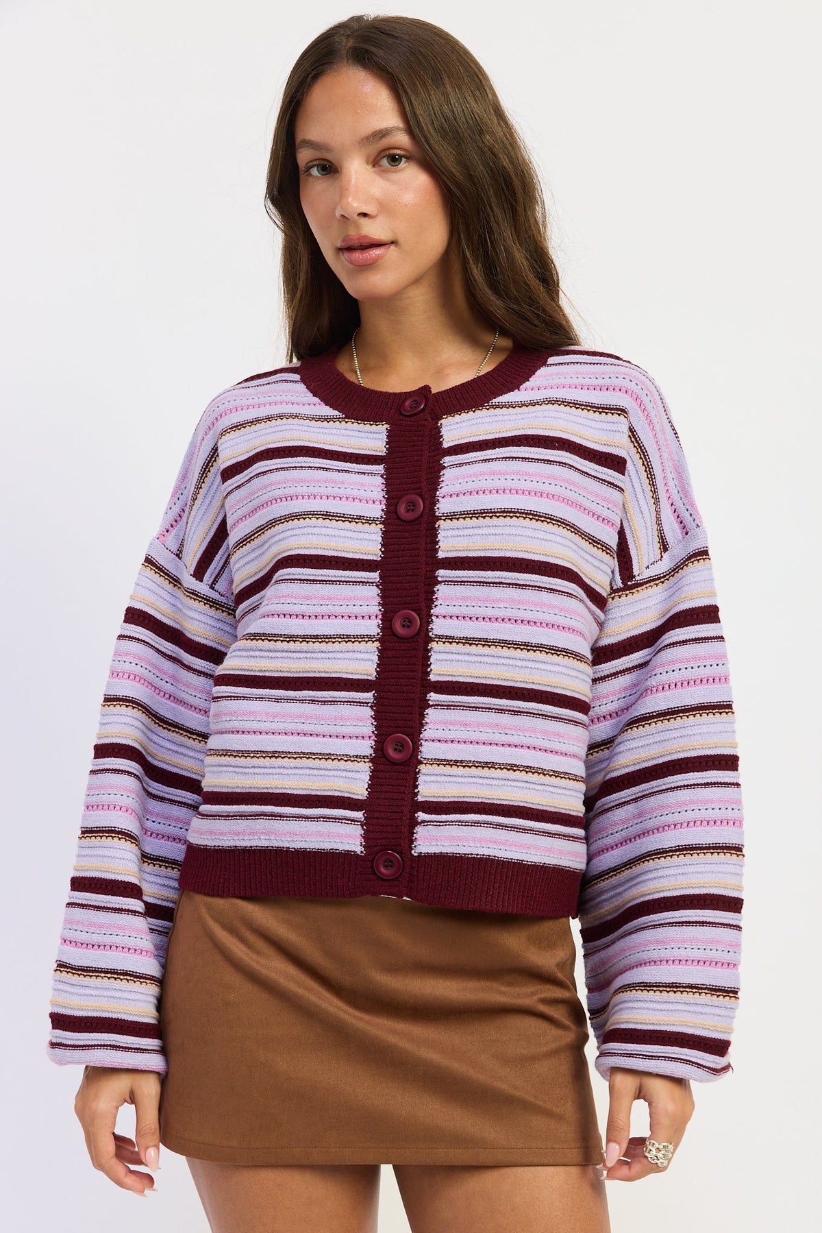 Emory Park Ellie cardigan in purple burgundy multi, soft knit fabric, open front design, and long sleeves.