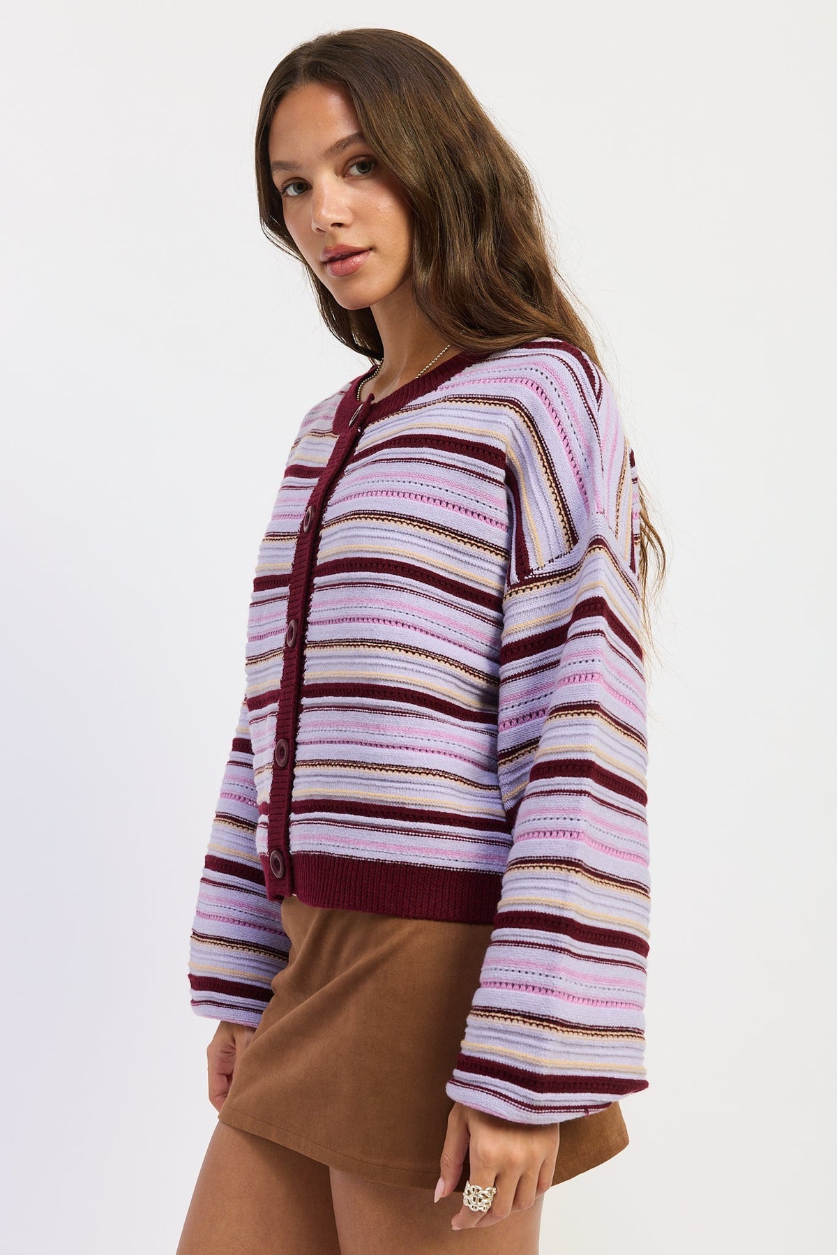 Emory Park Ellie cardigan in purple burgundy multi with long sleeves and button front, cozy knit fabric, draped style.