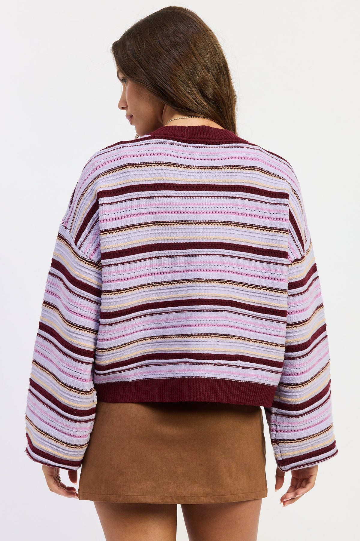 Emory Park Ellie cardigan in purple Burgundy Multi, soft knit fabric, long sleeves, and open front, displayed on a plain background.