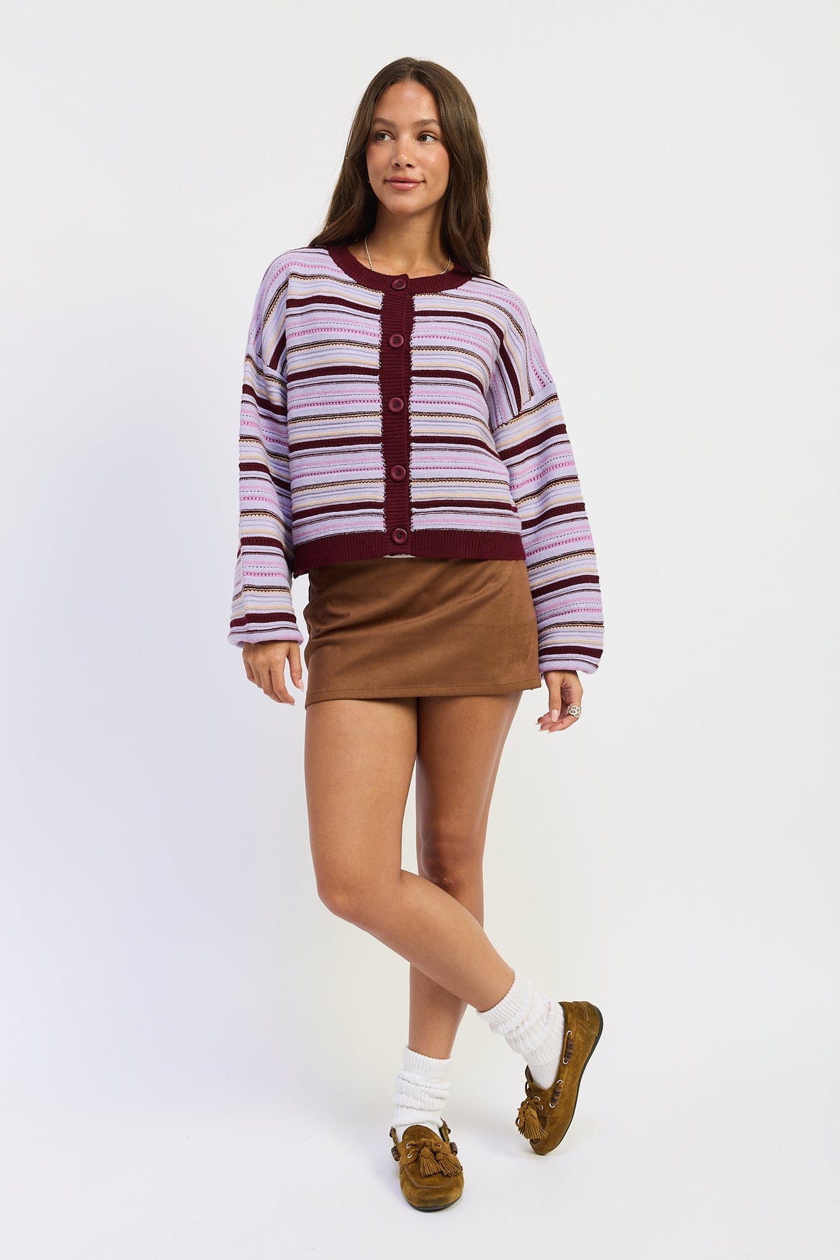 Emory Park Ellie cardigan in purple burgundy multi with long sleeves and button-front design, soft knit fabric.