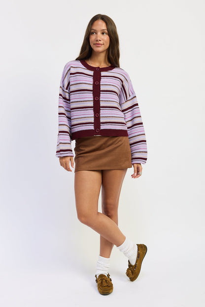 Emory Park Ellie cardigan in purple burgundy multi with long sleeves and button-front design, soft knit fabric.