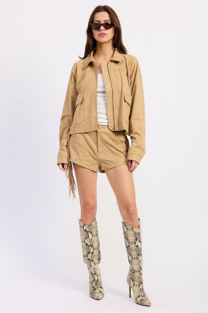 Emory Park Sasha jacket in latte color, stylish jacket with a comfortable fit, shown on a model.