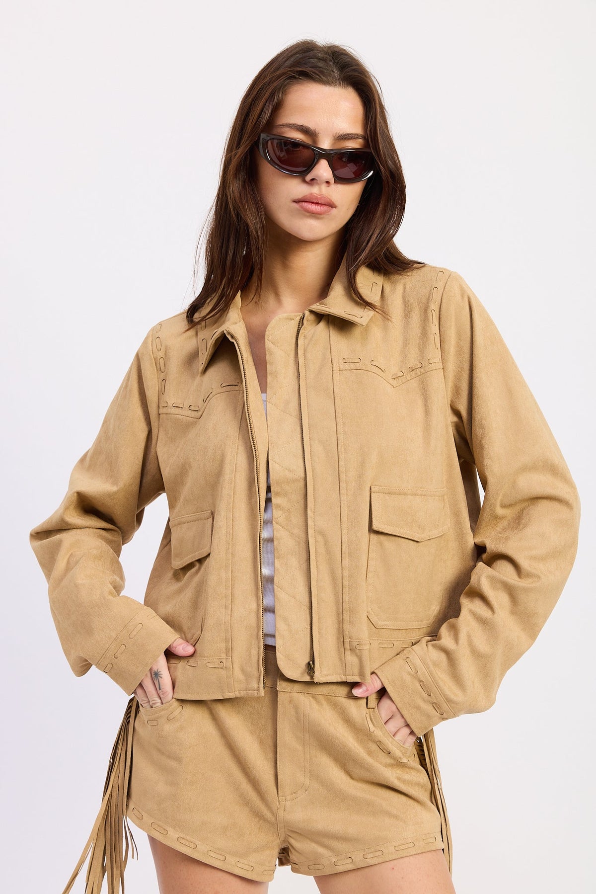 Emory Park Sasha Jacket in latte color, stylish and lightweight jacket with a zip front and collar, perfect for casual wear.