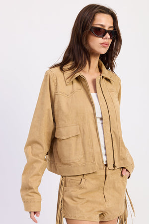 Emory Park Sasha jacket in latte color, stylish and cozy jacket with a flattering fit, shown on a model.