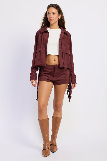 Emory Park Sasha Jacket in wine color, showing a stylish jacket with a zip-up front and collar, displayed on a white background.