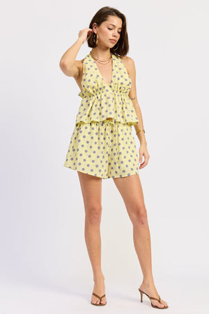 Emory Park Pixie Shorts in buttery yellow with polka dot pattern, casual fit, front pockets, and elastic waistband.