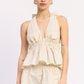 Cream and mocha striped Alivia halter top by Emory Park, featuring a stylish halter neckline and lightweight fabric.