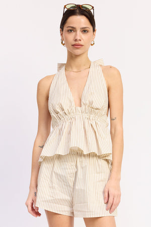 Cream and mocha striped Alivia halter top by Emory Park, featuring a stylish halter neckline and lightweight fabric.