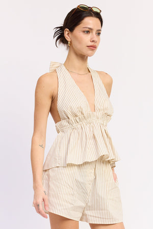 Cream and mocha striped Alivia halter top by Emory Park, featuring a stylish halter neckline and lightweight fabric.