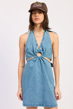 Emory Park Alexandra Mini Dress in vibrant true blue with a fitted silhouette and short sleeves, displayed on a hanger.