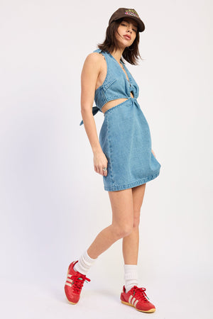 Emory Park Alexandra Mini Dress in true blue, featuring a stylish, fitted design with short sleeves and a flattering silhouette.