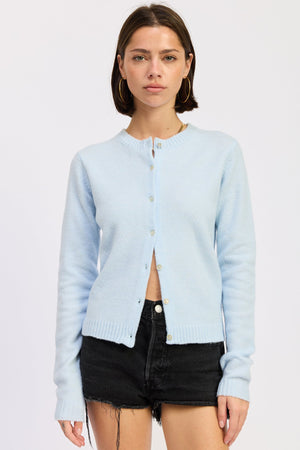 Emory Park Kaia cardigan in baby blue, soft knit fabric, featuring a cozy fit and button-up front.