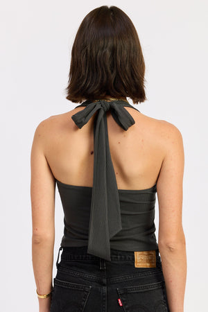Emory Park Bryony Top in charcoal, a stylish women's blouse with a relaxed fit and soft fabric, shown on a model.