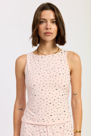 Emory Park Aerith tank top in baby pink, sleeveless casual top with a relaxed fit, displayed on a hanger.