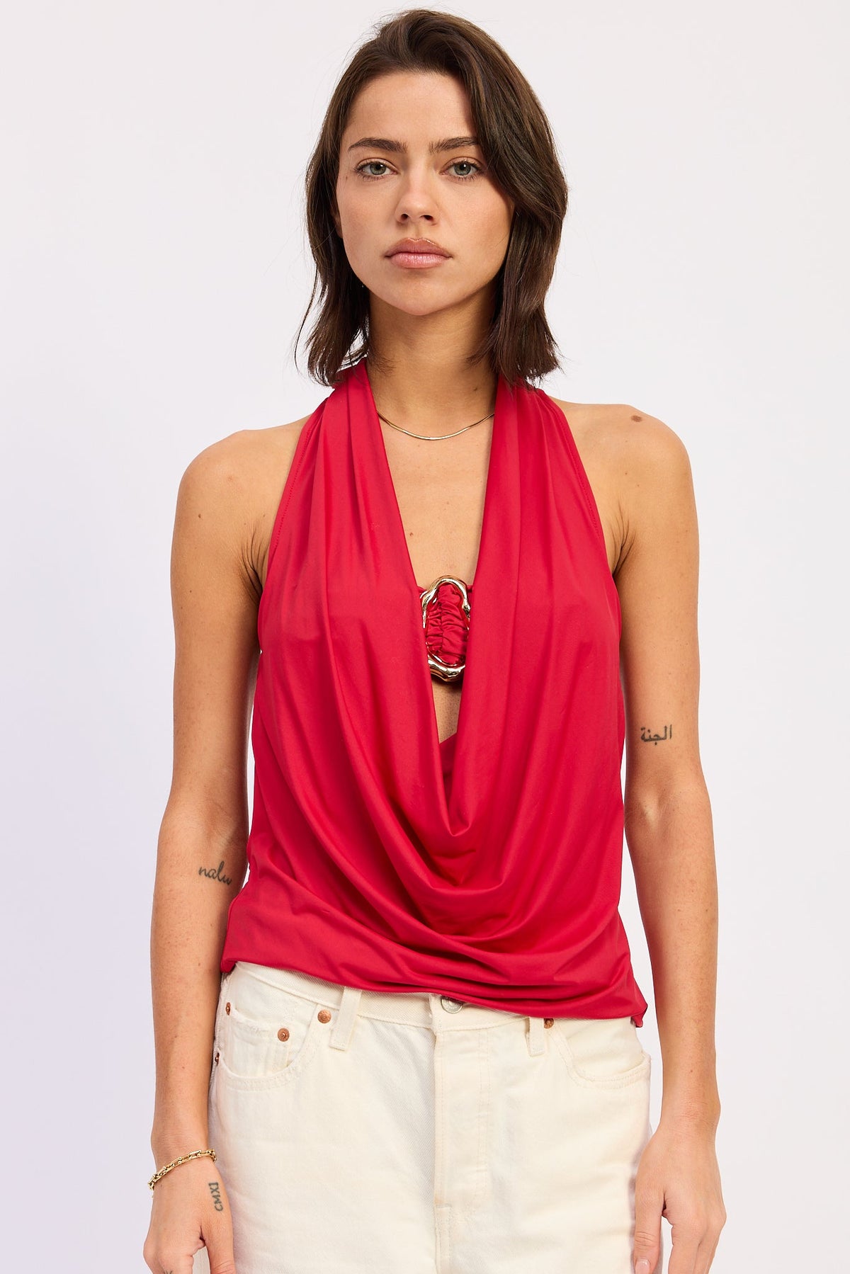 Red Orelia Cowl Top by Emory Park, stylish women's sleeveless top with draped cowl neckline, displayed on a hanger.