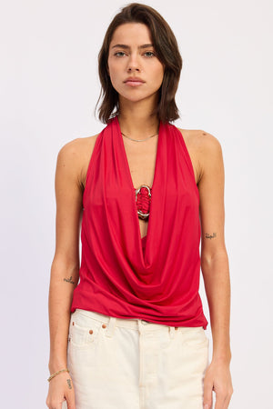 Red Orelia Cowl Top by Emory Park, stylish women's sleeveless top with draped cowl neckline, displayed on a hanger.