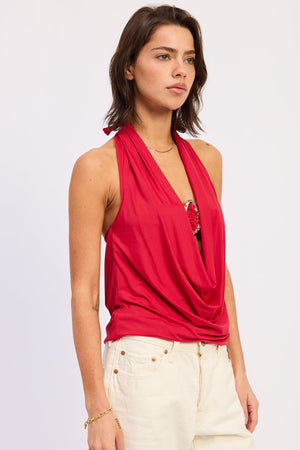 Red Orelia Cowl Top by Emory Park, stylish sleeveless women's tops with a draped cowl neckline.