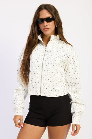 Emory Park Paris Jacket with off-white polka dot design, stylish women's jacket for casual and fashionable wear.