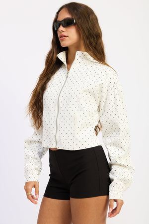 Emory Park Paris jacket in off-white polka dot with long sleeves and lightweight fabric, stylish outerwear for women.
