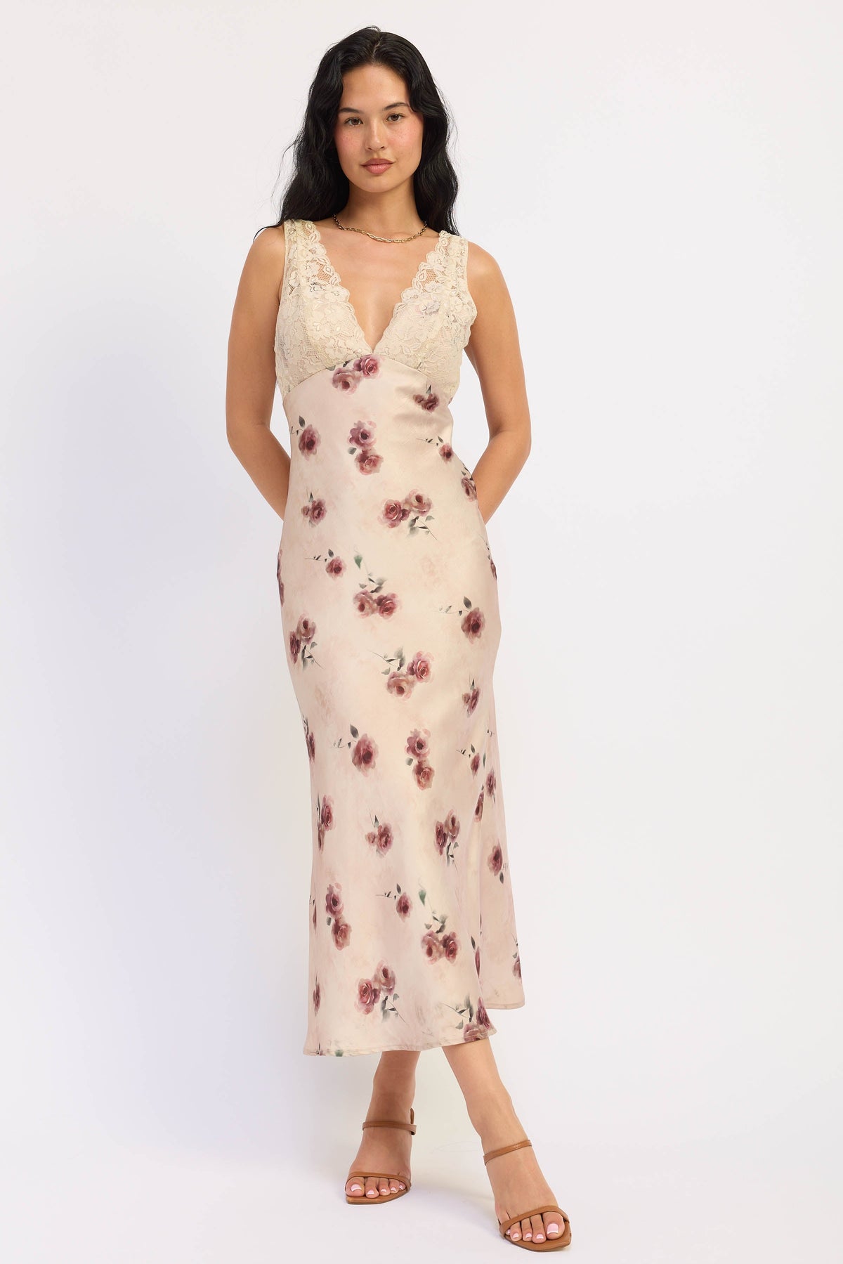 Emory Park Jillian midi dress in pale blush fabric, showcasing a flowing, elegant design perfect for casual or formal occasions.