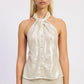 Emory Park Hani halter top in champagne color, sleeveless with a fitted bodice and halter neckline, shown on a mannequin.