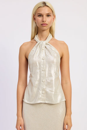 Emory Park Hani halter top in champagne color, sleeveless with a fitted bodice and halter neckline, shown on a mannequin.