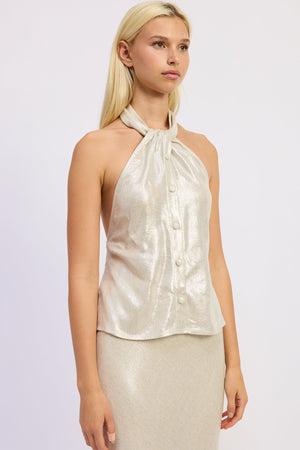 Emory Park Hani Halter Top in champagne color, sleeveless with a stylish halter neckline, displayed on a plain background.