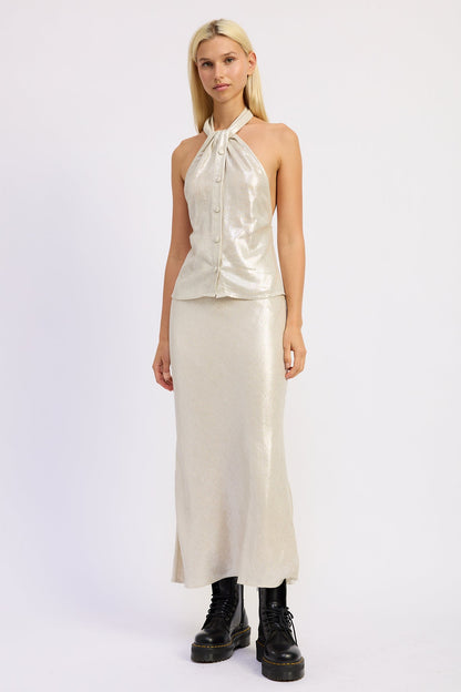 Emory Park Hani halter top in champagne, stylish sleeveless design with a high neckline, perfect for summer wear.