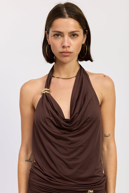 Emory Park Tori halter top in espresso color, featuring a stylish sleeveless design with a high neckline and modern fit.
