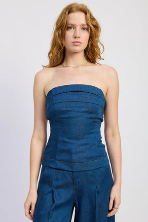 Emory Park Starla tube top in medium blue, showcasing a fitted sleeveless design with a stretchy fabric for a stylish look.