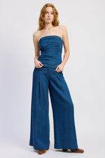 Emory Park Starla blue tube top, sleeveless crop top with fitted style, shown on a white background.