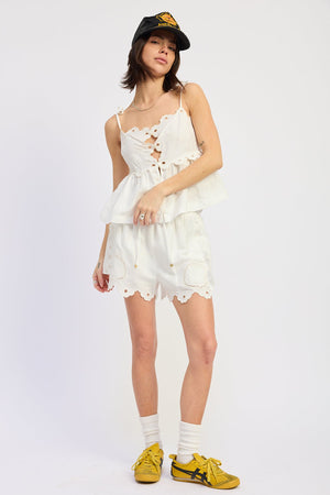 Emory Park Blythe Shorts in off-white, casual denim shorts with a relaxed fit and rolled hem, perfect for summer wear.