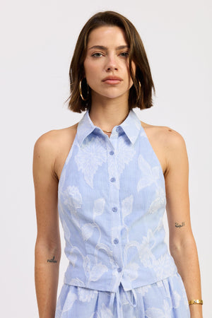 Emory Park Anastasia Top with blue stripe jacquard pattern, featuring a stylish, textured fabric and modern design.