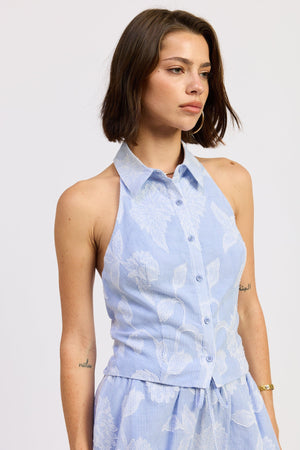 Emory Park Anastasia top in blue stripe jacquard fabric, stylish women's blouse with intricate pattern and tailored fit.