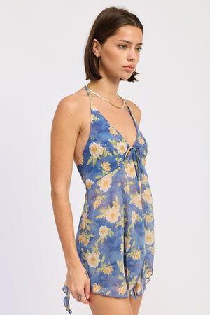Emory Park Maia halter top in blue multi with tie-neck design, sleeveless style, and vibrant floral pattern.
