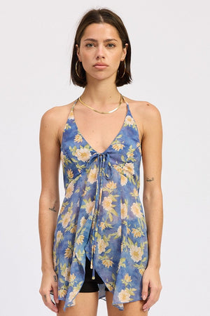 Emory Park Maia halter top in blue multi with strap details, stylish sleeveless design, perfect for summer or casual wear.