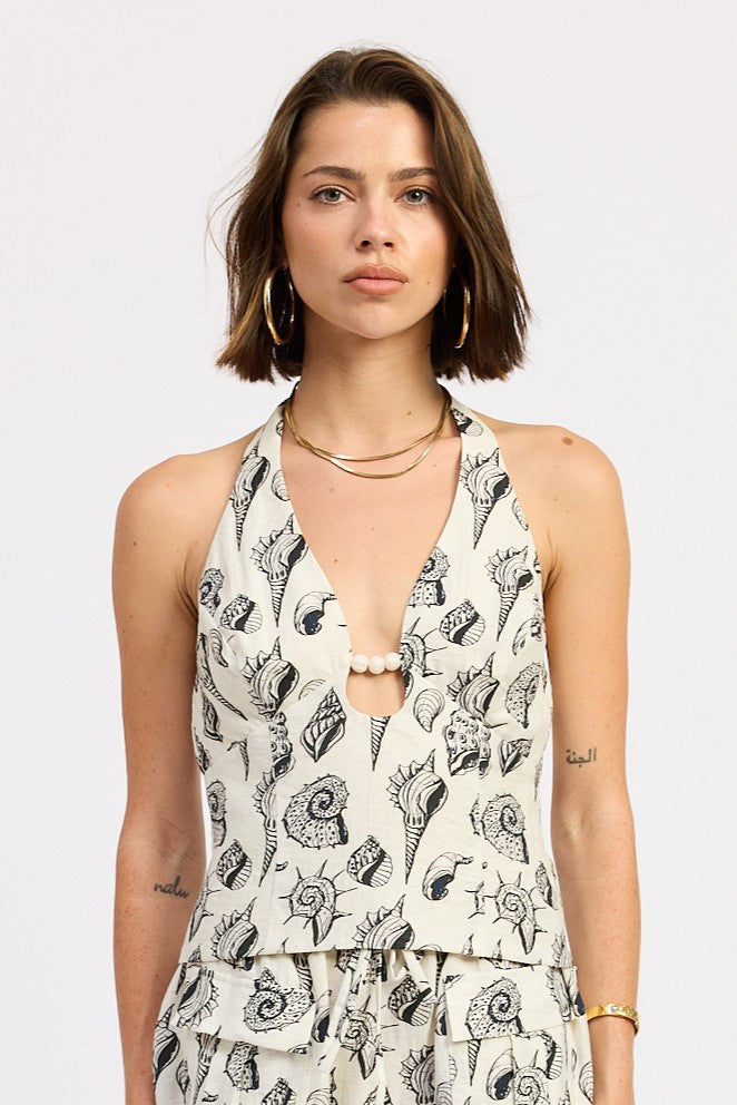 Emory Park Pia Top in ivory and black, stylish women's sleeveless blouse with a relaxed fit and V-neck design.