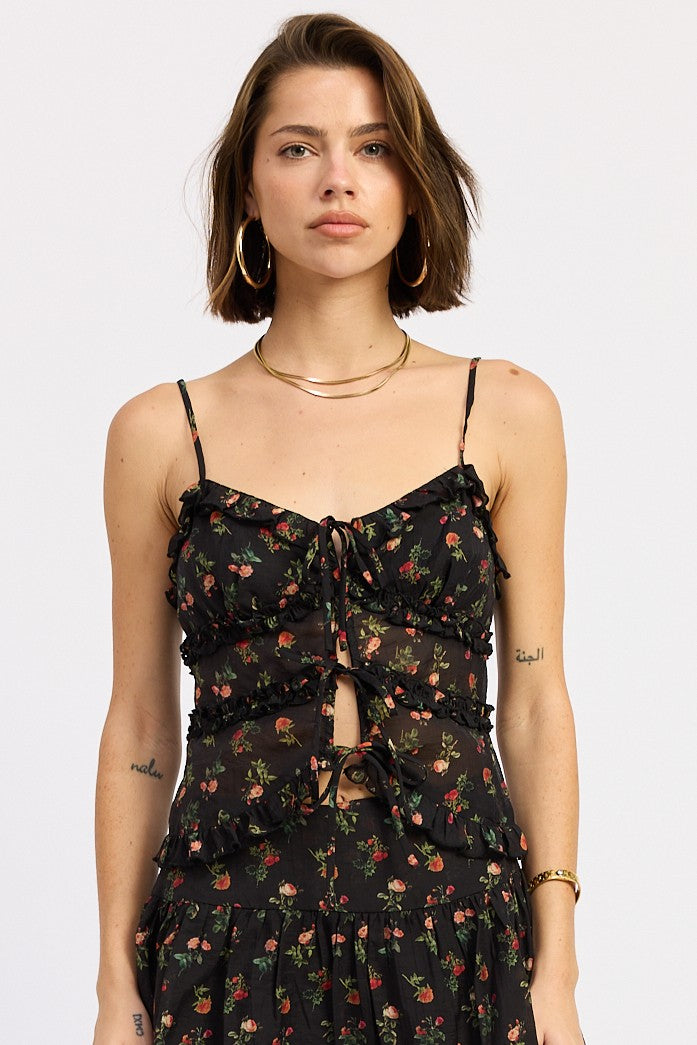 Black floral Briony Cami Top by Emory Park, featuring delicate straps and lightweight fabric, perfect for casual or dressy occasions.