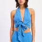 Emory Park Jadae halter neck top in ocean blue, featuring a stylish sleeveless design and halter neckline.
