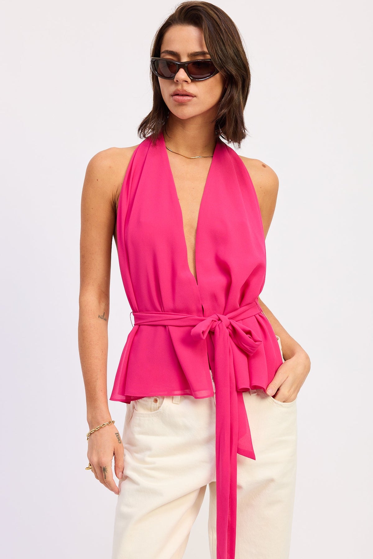 Magenta Eirene halter top by Emory Park, featuring a stylish design and adjustable straps, perfect for casual or summer wear.