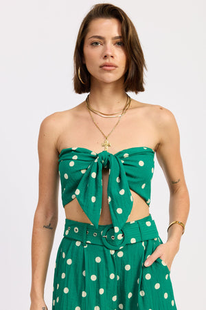 Emory Park Selkie green crop top, stylish tops for women, shown on a hanger with a fitted design and short sleeves.