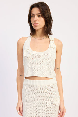 Emory Park Isolde Ivory halter top with strap details, sleeveless design, and a stylish, modern look for casual or dressy occasions.
