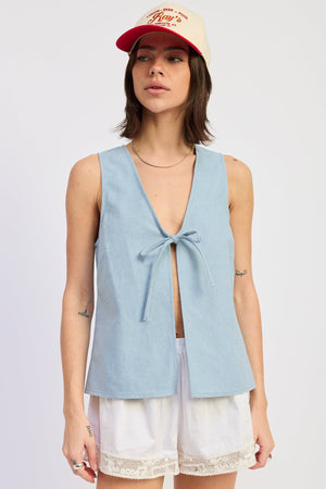 Emory Park Nisa vest top in washed blue with a sleeveless design and relaxed fit, perfect for casual summer wear.