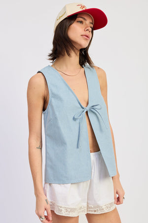 Emory Park Nisa vest top in washed blue, sleeveless design with a relaxed fit, displayed on a plain background.