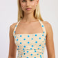 Emory Park Lola top in ivory and blue polka dot fabric, stylish sleeveless blouse with ruffled details and a feminine fit.