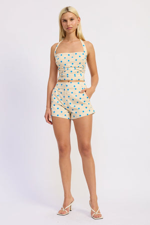Emory Park Lola Shorts in ivory and blue polka dot fabric, casual stylish shorts with a relaxed fit and belt loops.